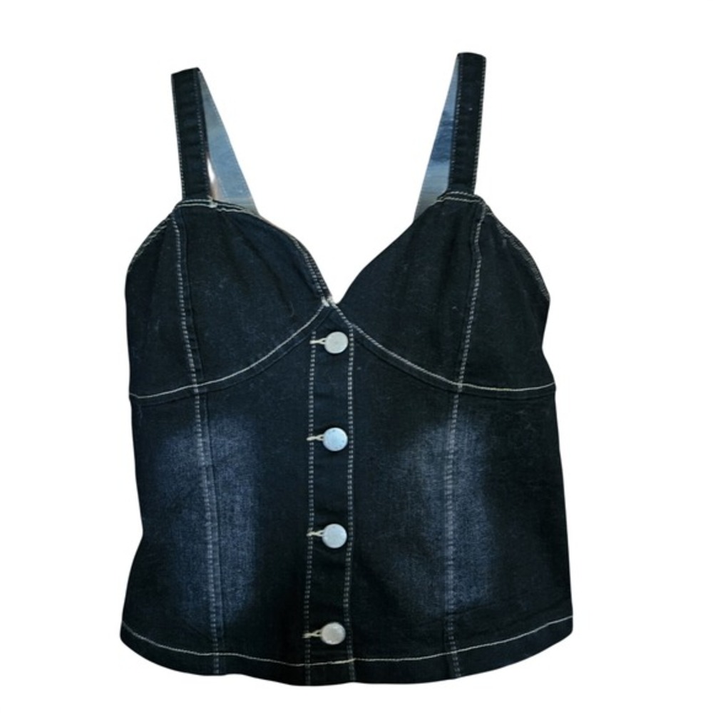 bebe Black Denim Corset Top XL Juniors‎ Bustier Stretch Back Festival Biker Boho